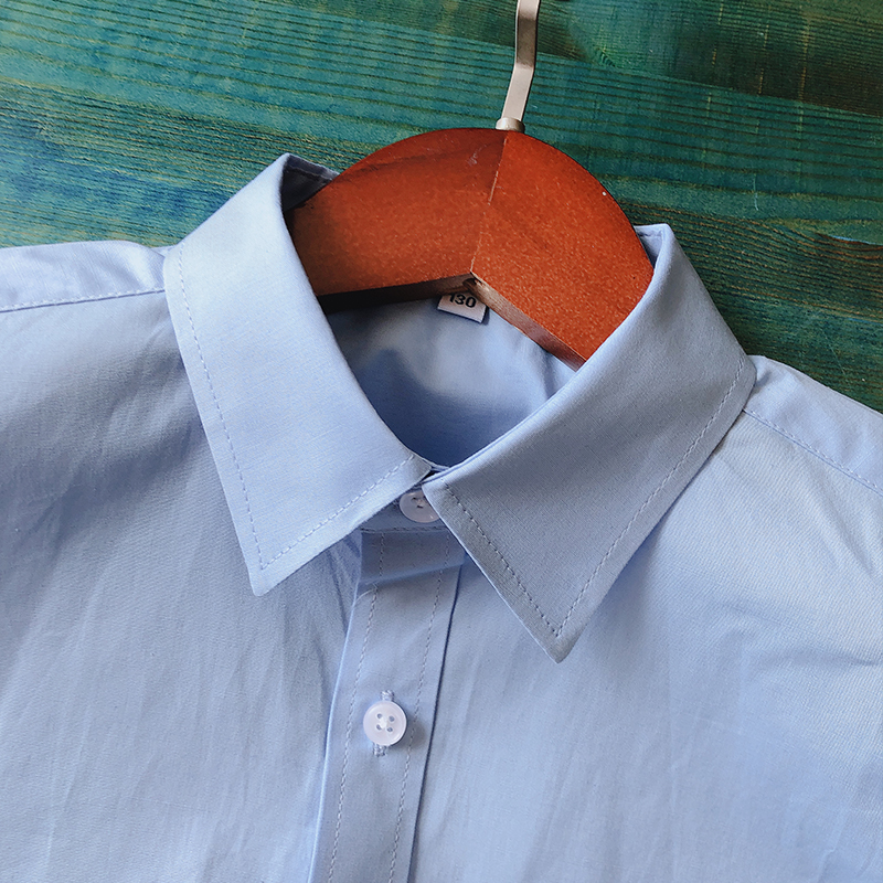 男童短袖白衬衫纯棉尖领袋儿童表演服夏季中大童学生校服蓝色衬衣