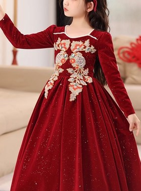 女童汉服礼服轻奢端长袖红色儿童生日公主裙洋气秋冬花童主持人