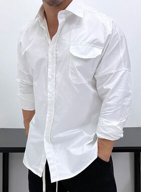 阔版宽松纯棉长i袖衬衫!衬衣打底四季潮男文艺基础休闲翻领开衫男