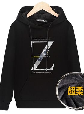 秋冬加绒加厚纯棉男卫衣加肥加大码D套头连帽衫胖子宽松运动潮外