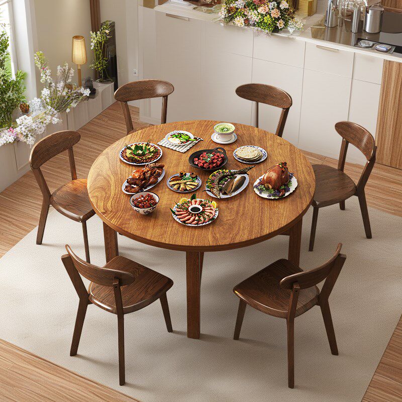圆桌实木腿餐桌家用大板桌圆形餐桌桌子餐饮商用胡桃色饭桌大圆桌