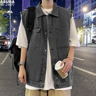 工装牛仔马甲夹背心男加r肥加大码潮胖子宽松翻领外套春装百搭坎