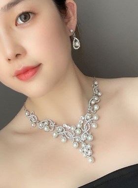 时尚珍珠结婚项链耳饰两件套简约新娘女士礼服饰品套装首饰配饰