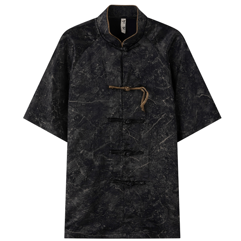 夏季唐装男中国风短袖醋酸衬衫中C式改良迷彩提花宽松薄款立领上