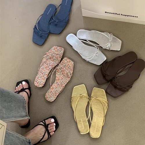 韩版银色凉拖海边拖鞋夏季度假沙滩外穿人字拖法式复古仙女凉鞋