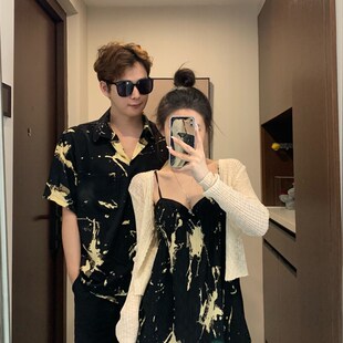 你衣我裙情c侣装夏季法式吊带连衣裙设计感小众韩版海边沙滩衬衫