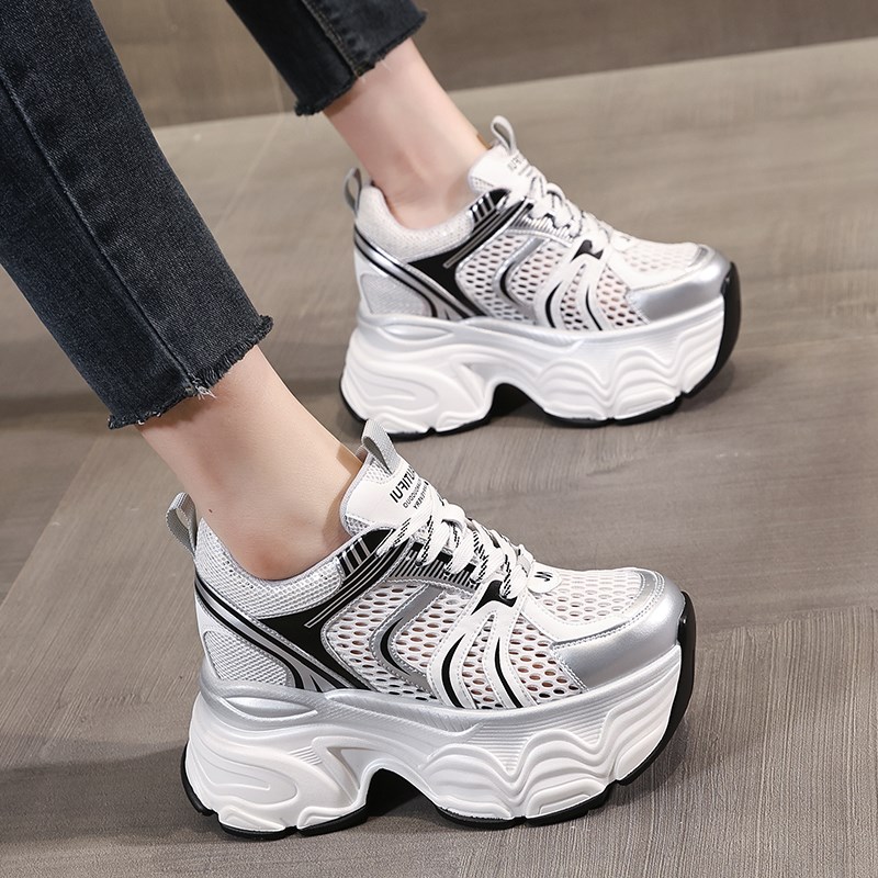 超火厚底增高透网老爹鞋女款2025夏季真皮女士银色运动休闲鞋软底
