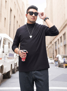 200斤7X加肥加大码男装半高y领长袖T恤男胖子宽松纯色黑色打底衫