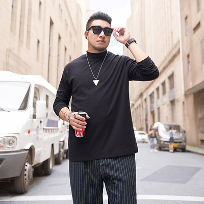 200斤7X加肥加大码男装半高y领长袖T恤男胖子宽松纯色黑色打底衫