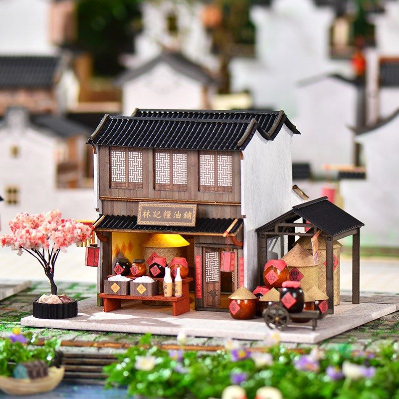 江南小镇场景diy中国风小屋手工制作木质店铺模型房子林记粮油铺