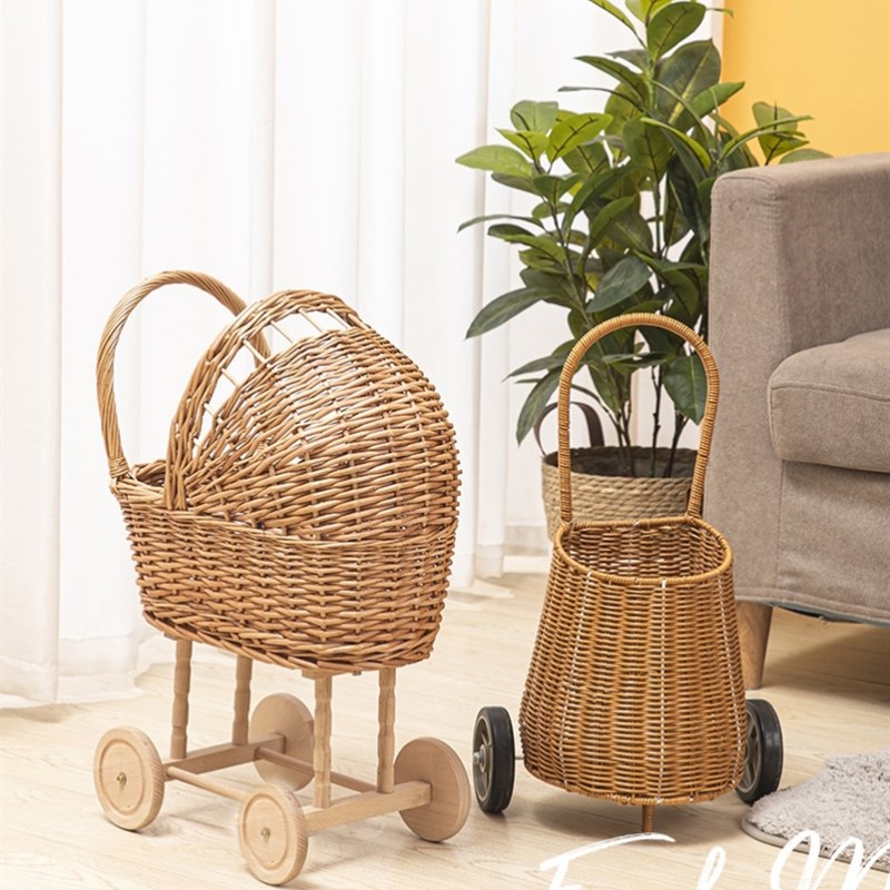 北欧儿童藤编学步手推车座椅宝宝房间装饰幼儿P园过家家影楼道具
