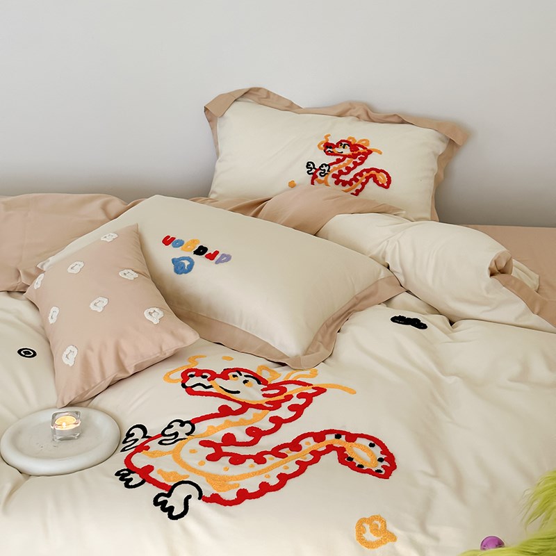 A类母婴级全棉磨毛四件套 龙年毛巾绣100M支纯棉加厚保暖秋冬床品