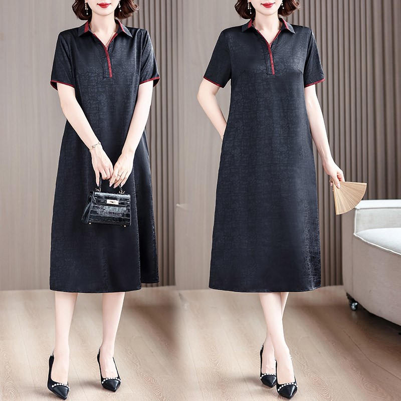妈妈年轻款简约宽松型龟裂纹连衣裙高端女装25夏季新款中长款气质
