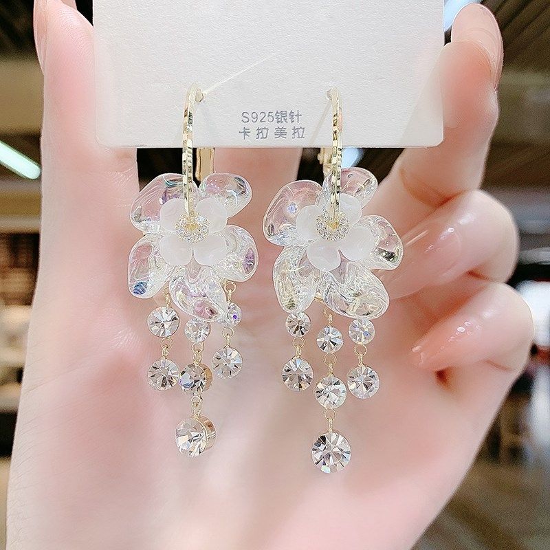 超仙白花朵耳环韩国气质长款镶钻流苏耳坠设计感网红耳饰耳圈耳钉,金属材料及制品,金属结构件,淘宝优惠券,粉丝福利购,淘宝优惠卷