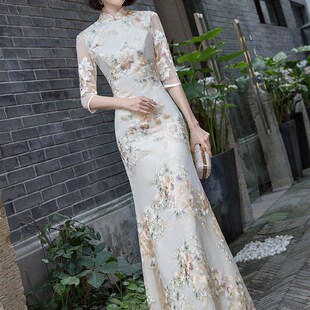 新式改良旗袍长款2020款少女修身优雅婚礼宴会走秀演出鱼尾裙大码