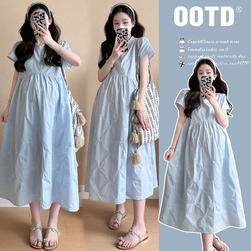 孕妇装夏装短袖绣花连衣裙宽松大码显瘦裙子夏季韩版休闲孕妇裙夏