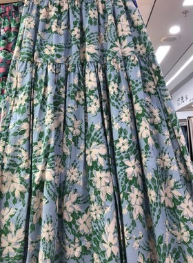 蓝绿色小碎花半身裙女春夏文艺小清新棉质印花伞裙高腰显瘦A字裙