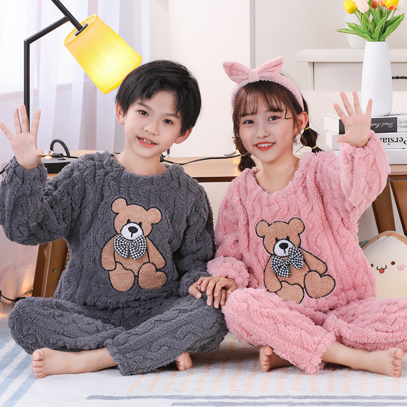 兄妹装姊弟装男童女童儿童家居服睡衣法兰绒冬装男孩女.孩加厚加