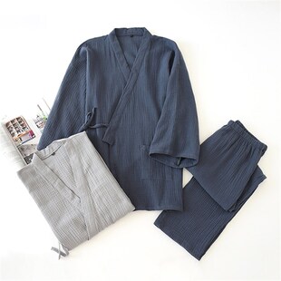 宽松家居服套装 细绳秋汗蒸服9分袖 春夏和服睡衣男水洗纯棉纱开衫