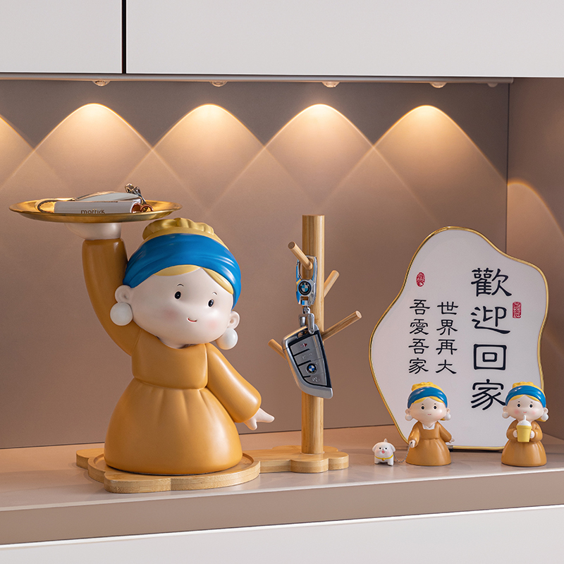 入户门玄关钥匙收纳摆件戴珍珠耳环的少女客M厅酒柜装饰品乔迁礼