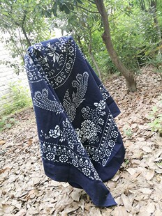 乌镇纯手工蓝印花布包袄皮结婚用 复古印花茶几盖巾 1米2方台布