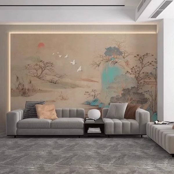中式复古国风壁布客厅背景墙宋代美学古典山水画壁纸卧室装修墙布