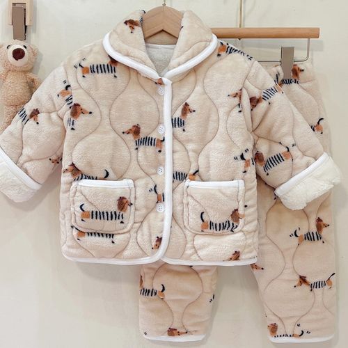 儿童可爱三层夹棉法兰绒家居服冬男女童卡通加厚加绒睡衣宝宝套装