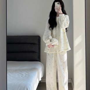 套 双层棉纱睡衣女春秋款 2023新款 长袖 高级感圆领纯棉家居服大尺码