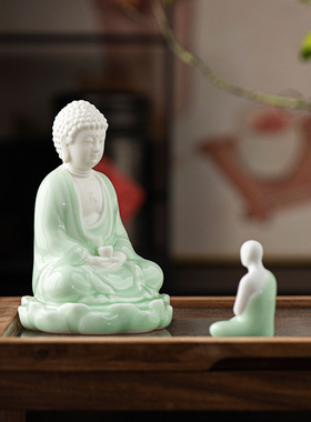 中式陶瓷禅意佛像如来佛摆件玄关车载桌面家居摆设鱼缸造景装饰品