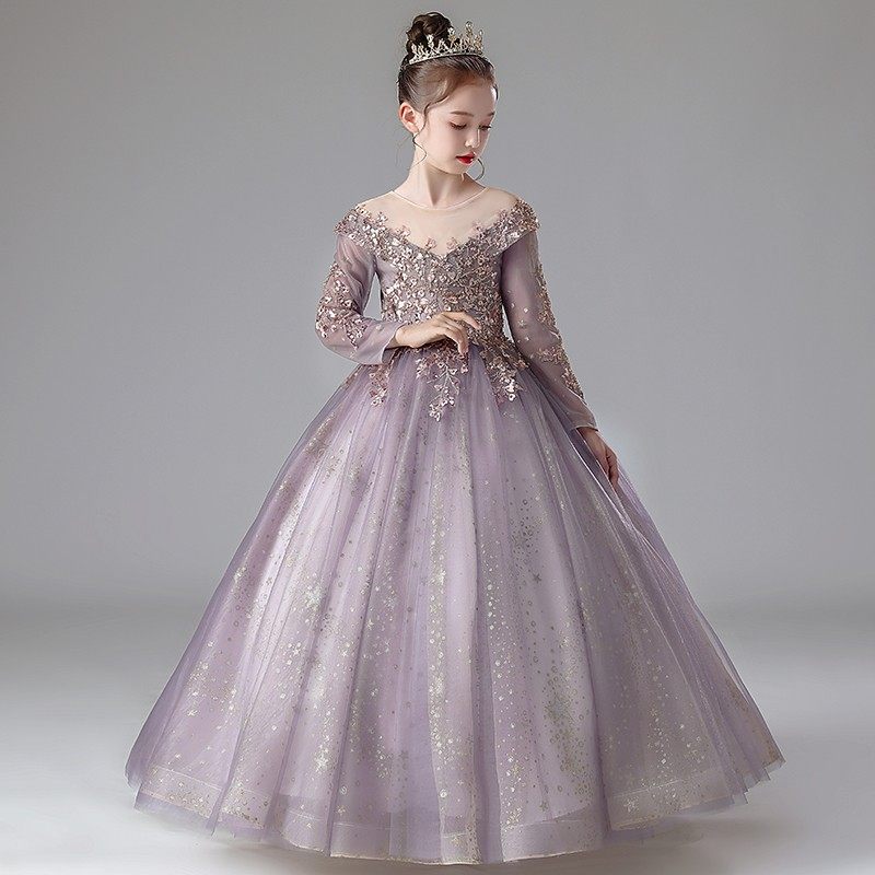 儿童礼服秋冬高端长袖女童小女孩主持人晚礼服生日钢琴走秀演出服