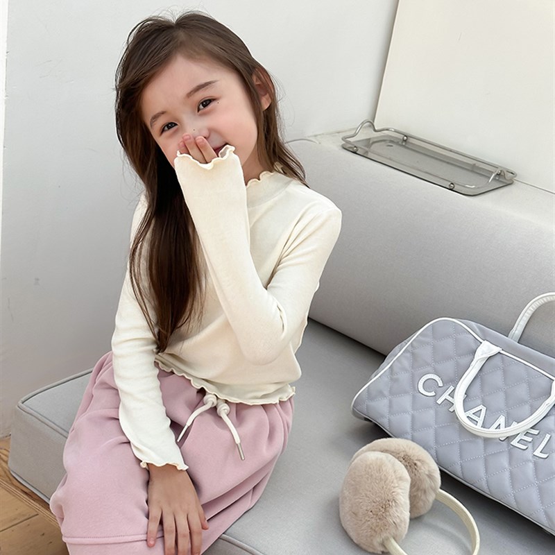儿童柔软甜美花边领打底衫2023秋冬女童宝宝保暖长袖内搭T恤上衣