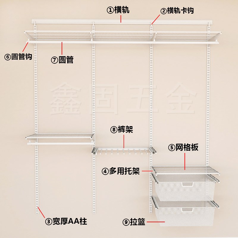 全金属衣帽间3.3-4米宽开放式衣柜定制砌墙五金上墙挂衣置物组合