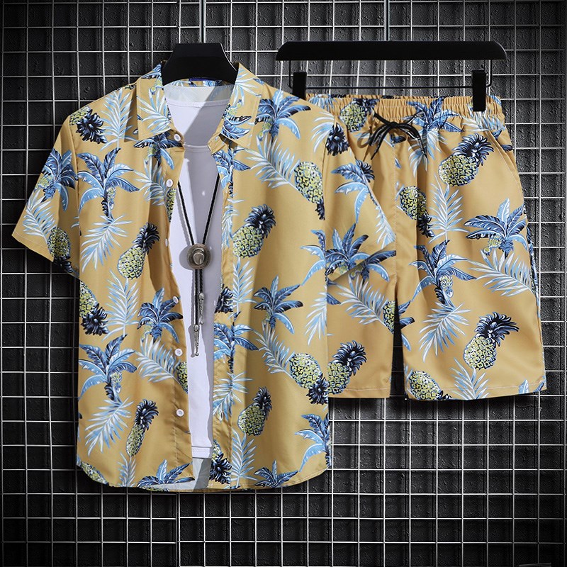 海边度假沙滩服男三亚旅游衬衣波夏威夷西米亚海南岛风花衬衫套装