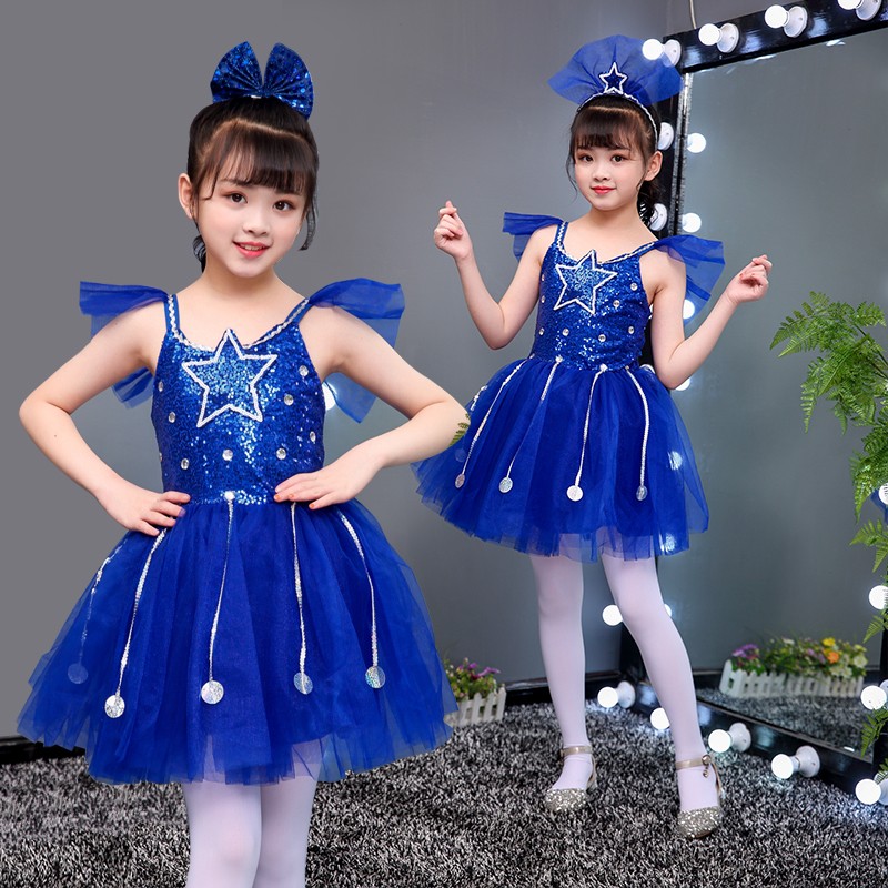儿童演出服女2021新款舞蹈服星星蓝色蓬蓬裙六一女童表演服纱裙