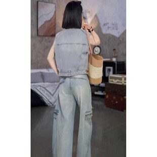 女 复古牛仔马甲背心女春夏季 无袖 坎肩马夹搭配一整套牛仔裤 子套装
