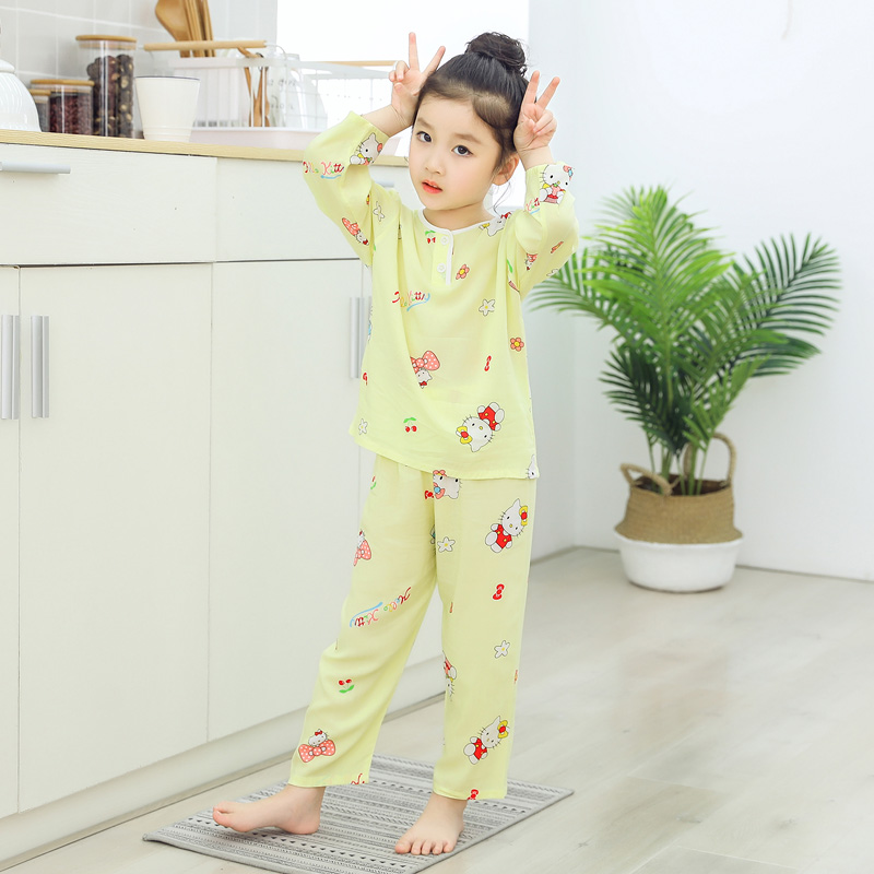 儿童夏季睡衣女孩绵绸长袖长裤薄款空调服女童宝宝棉绸夏天家居服
