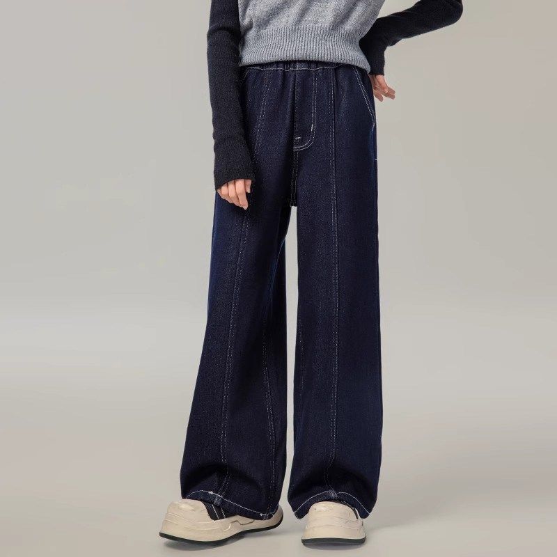 女童牛仔裤秋冬季新款加绒裤子中大童洋气直筒裤儿童装加厚阔腿裤