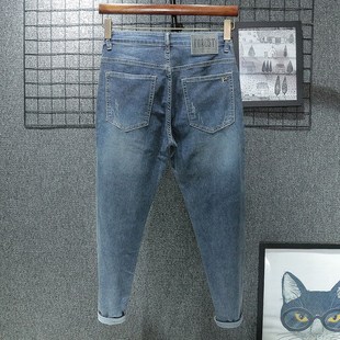 小脚微跨蓝色夏天裤 立体夏季 男修身 薄款 子 弹力锥型九分牛仔裤