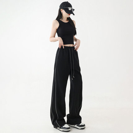 MMLG MCQ重磅弯刀男女秋季美式拼接反光条运动垂感宽松直筒休闲裤