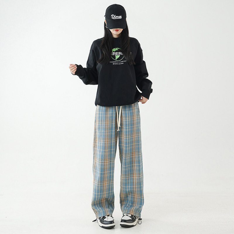 MMLG MCQ情侣格子休闲长裤夏季男女百搭直筒裤子宽松垂感阔腿裤