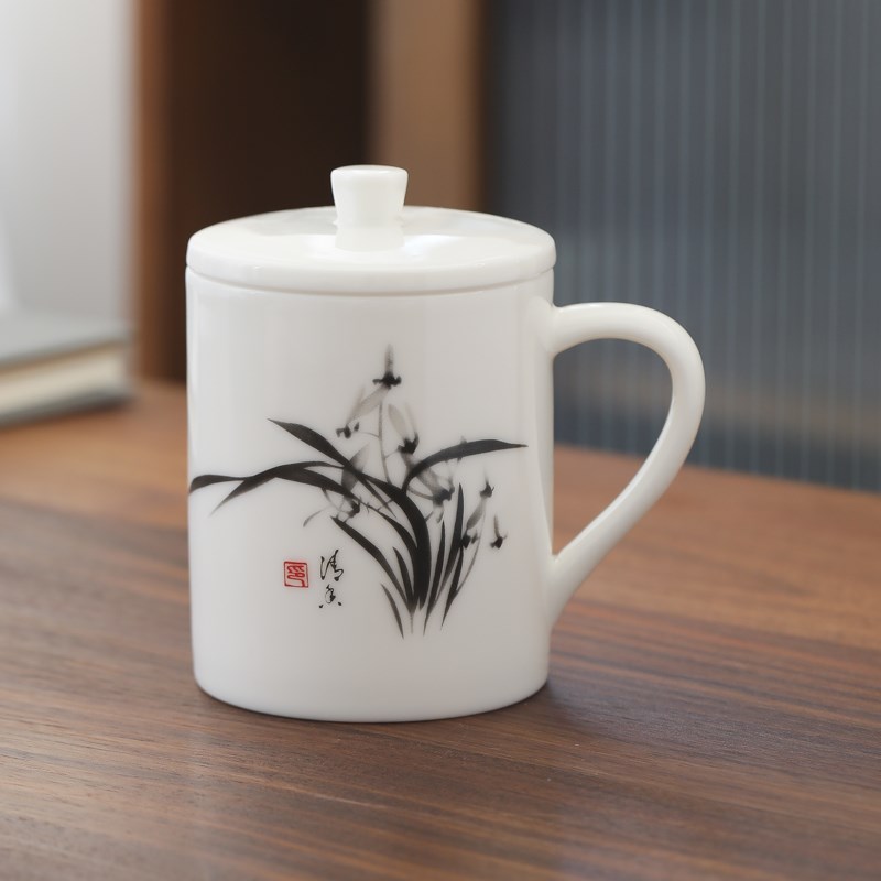 国画水墨兰竹子办公杯带盖水杯羊脂大茶杯会议杯马杯