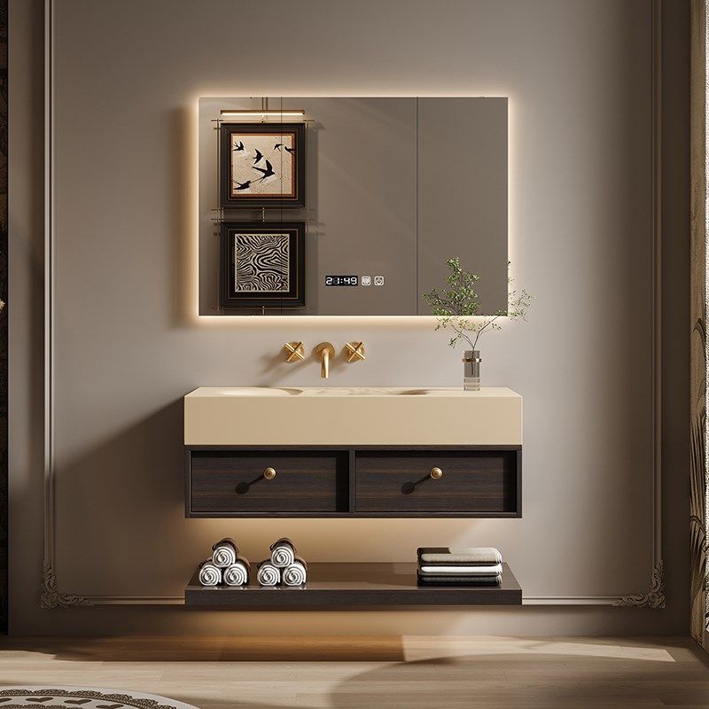 中古风米色岩板热弯一体盆浴室柜洗手洗脸盆洗漱台定制