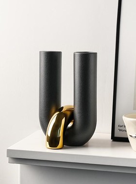 创意U型交叉中古风陶瓷花瓶摆件高级感样板间客厅餐桌装饰品