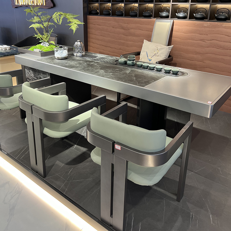 岩板茶桌椅组合现代简约泡茶桌办公室书桌不锈钢功夫大板茶台