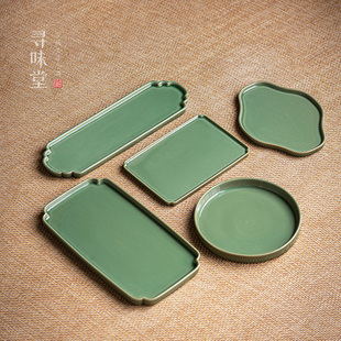 茶盘复古单层长方形I圆形托盘中式 竹青釉陶瓷干泡盘 家用功夫茶具