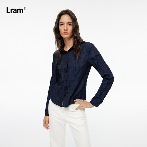 LRAM 褶皱微光泽感正肩收腰短款长袖衬衫LM2630583