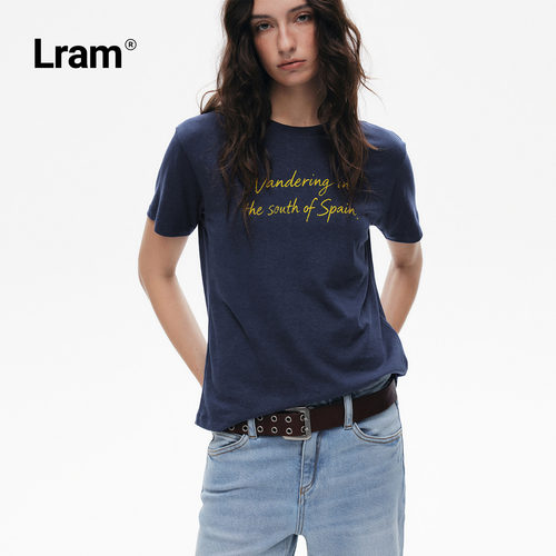 LRAM 棉麻混纺花纱复古手写字母圆领正肩短袖T恤LM2630481