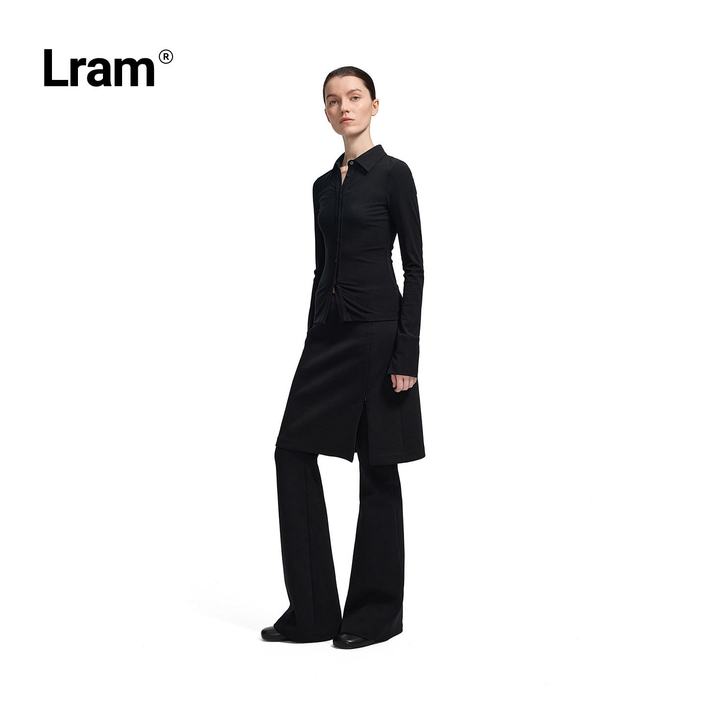 LRAM 新疆长绒棉仿醋酸混纺一体修身假两件微喇开衩裙裤LM2530508图片