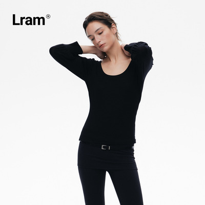 LRAM 莱赛尔羊毛混纺大U领灯笼七分袖收边针织上衣LM2630559