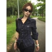 欢简韵PS韩系修身 收腰显瘦小众上衣 设计感格子长袖 百搭衬衫 女秋季